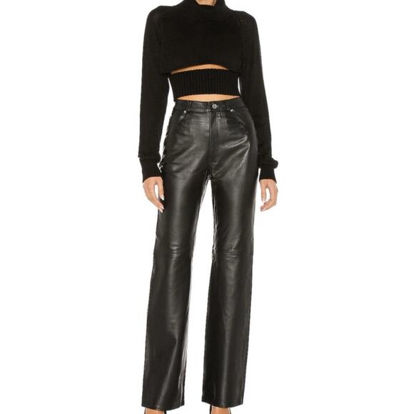 L’Académie Black Leather Straight Leg Pants Women’s XL 100% Leather NWT - Picture 2 of 14